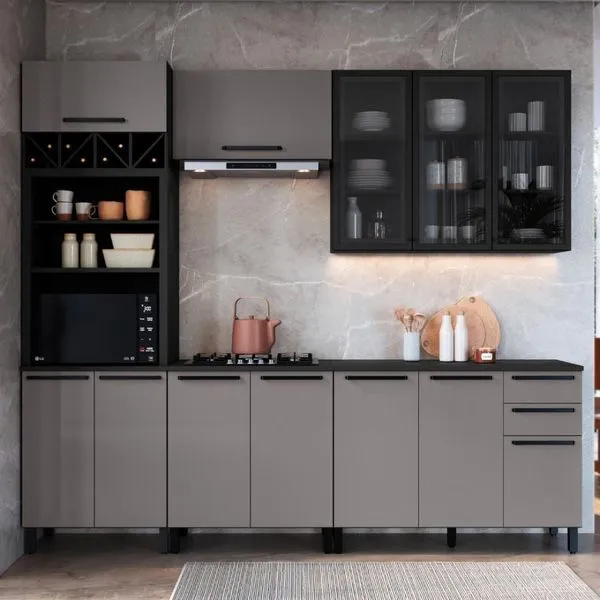 Cozinha Modulada Completa Fidelitá Mônaco 5 Peças 270cm 12 Portas 2 Gavetas Com Tampo Chumbo/titânio