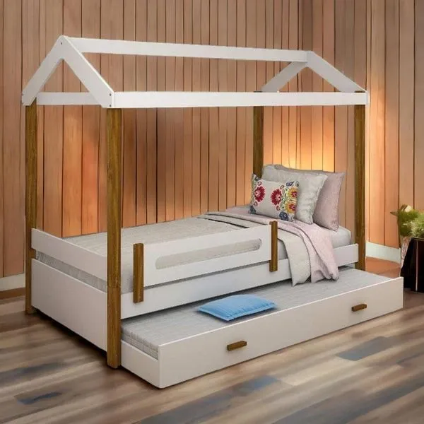 Cama Casa Elisa Branco/mel Solteiro C/ Auxiliar E 02 Colchões