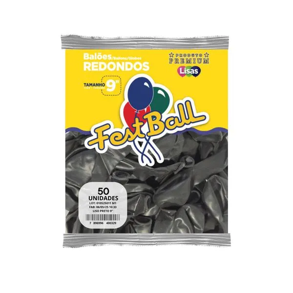 Balão Liso 9 Polegadas Preto 50 Unidades 185 - Festball