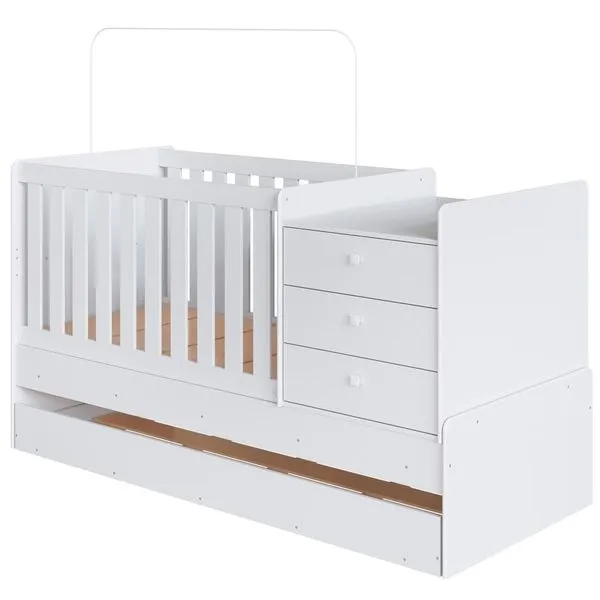 Berço Mini Cama Multifuncional Bb690 com Cama Auxiliar em MDP Branco com Mini Cômoda 3 Gavetas Berço Mini Cama Multifuncional Cama Auxiliar Bb690 Branco Comm Branco