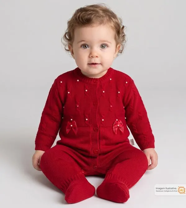 Macacão Tricô Laço e Pérola Vermelho - P