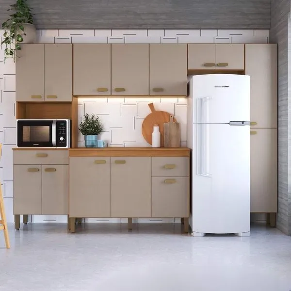 Cozinha Modulada Completa Fidelitá Mariana 5 Peças 275cm 14 Portas 2 Gavetas Com Tampo Freijó/camurça