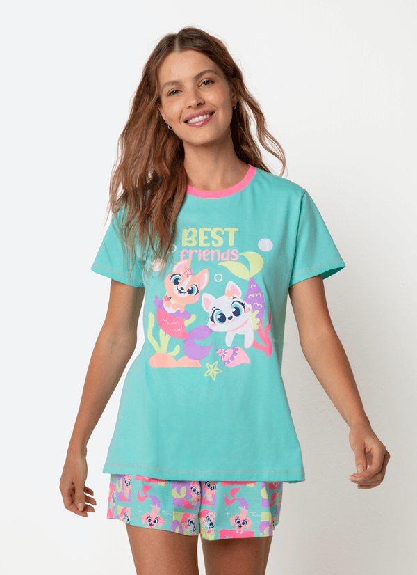 Pijama Manga Curta Algodão Feminino Pet Sereia G