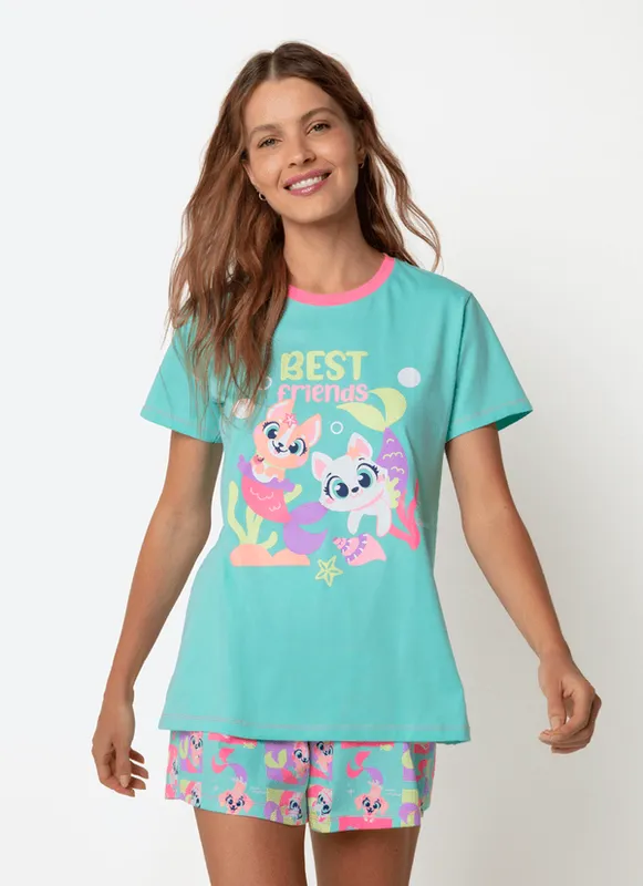Pijama Manga Curta Algodão Feminino Pet Sereia G