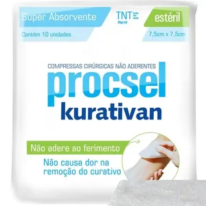 Compressa Procsel não aderente estéril Kurativan 7,5 x 7,5 cm 10 unidades