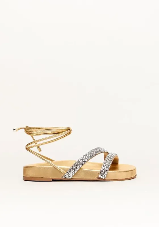 Sandália Papete Com Tiras Brilhantes E Amarração Amarelo 37