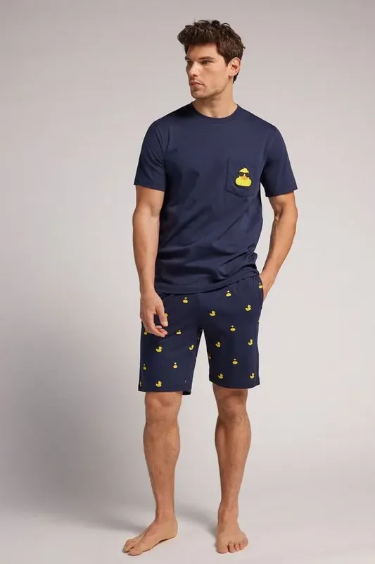 Pijama Curto Patinhos Em Algodão - Azul P