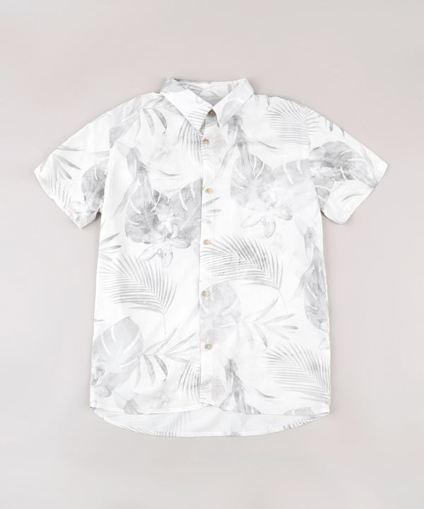 Camisa Juvenil Estampada de Folhagens Manga Curta Bege Claro 12