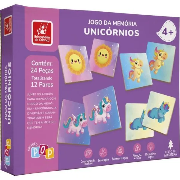 Jogo de Memória em Madeira Unicórnios 24 Peças Educativo Brincadeira de Criança Jogo de Memória em Madeira Unicórnios 24 Peças Brincadeira de Criança