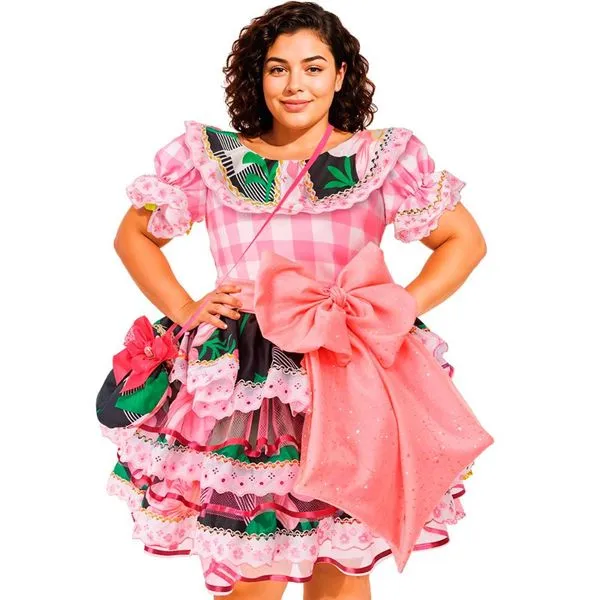 Vestido Festa Junina Plus Size Adulto Feminino de Luxo Super Rodado Com Bolsa GG / Preto