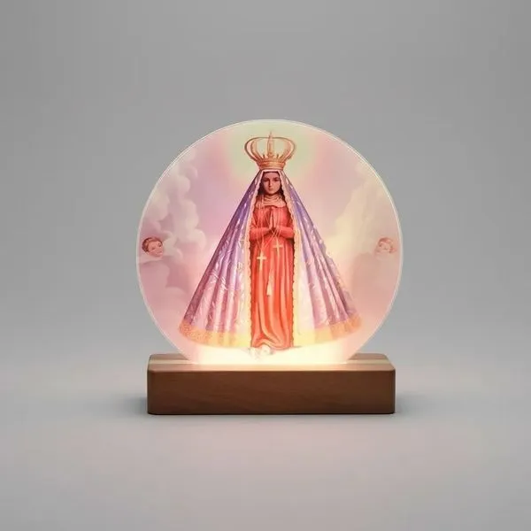 Luminária de Mesa Nossa Senhora Aparecida Esfera de Vidro 12cm Led Usb Transparente com Base de Madeira Dantas Luminária de Mesa Nossa Senhora Aparecida Vidro 12cm Led Usb Transparente Dantas