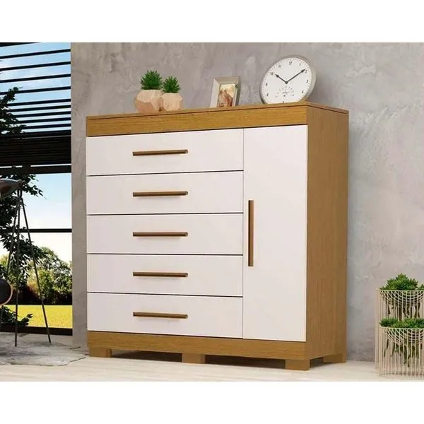 Cômoda Juvenil Rayane 5 Gavetas 1 Porta com Sapateira em MDF Puxador em MDF Off White Cinamomo Cômoda Juvenil Rayane 1 Porta E 5 Gavetas C- Sapateira Cinamomo-off White - Acp