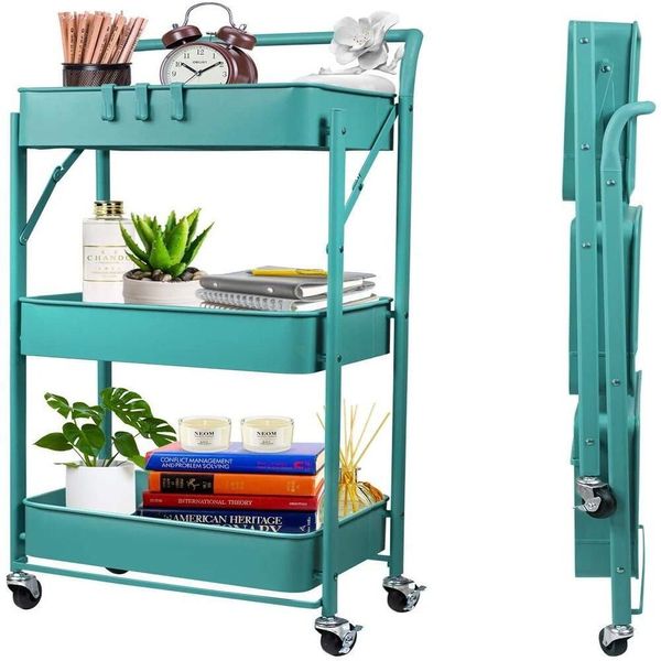 Carrinho Multiuso Aço Dobrável 3 Andares Organizador com Cestas e Rodinhas para Salao e Manicure Verde Carrinho Multiuso Aço Dobrável 3 Andares Organizador com Rodinhas para Salao e Estetica Verde