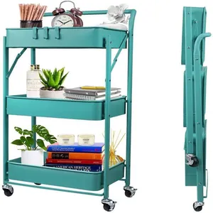 Carrinho Multiuso Aço Dobrável 3 Andares Organizador com Cestas e Rodinhas para Salao e Manicure Verde Carrinho Multiuso Aço Dobrável 3 Andares Organizador com Rodinhas para Salao e Estetica Verde