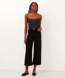 calça wide leg cropped de sarja com cinto preto 44