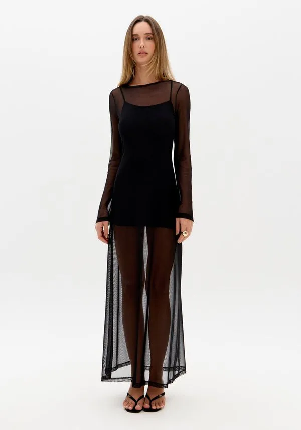 Vestido Super Midi Manga Longa De Tule Preto GG
