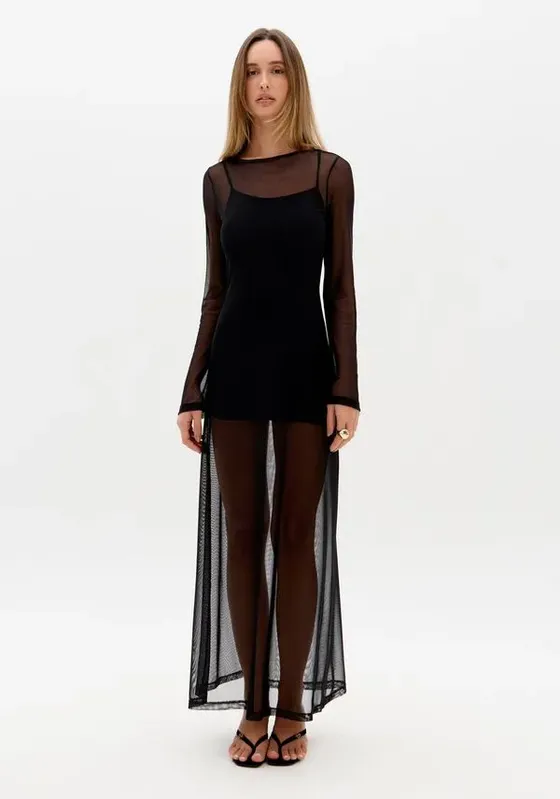 Vestido Super Midi Manga Longa De Tule Preto GG