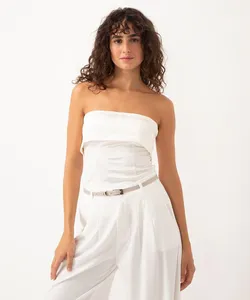 blusa acetinada decote reto sem alça com pala off white GG
