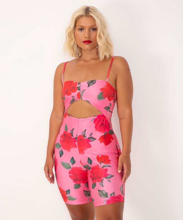 macaquinho cut out floral alça fina rosa chiclete M