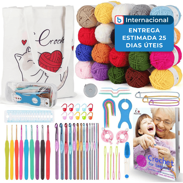 Kit Crochê Aeelike 78 Peças com Bolsa Organizadora Gato Branco Colorido A-MBI