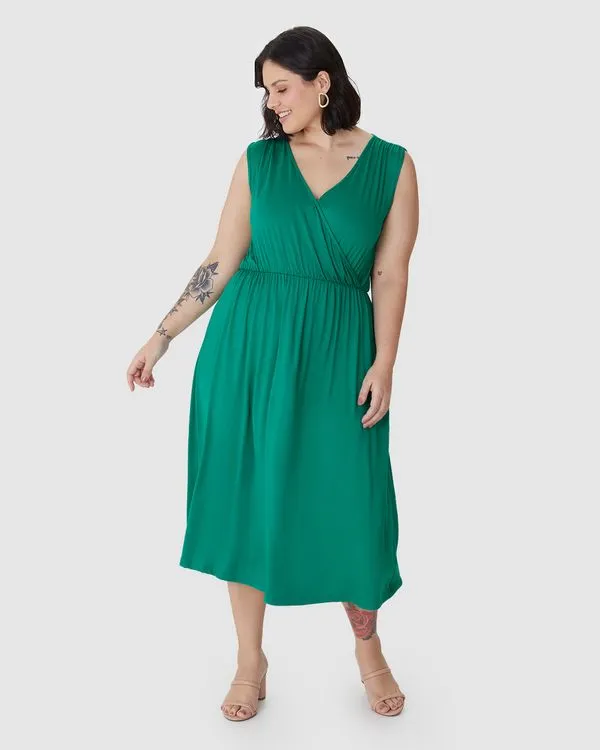 Vestido Midi Feminino Plus Size Transpassado Decote V Em Viscose Stretch Verde - G2