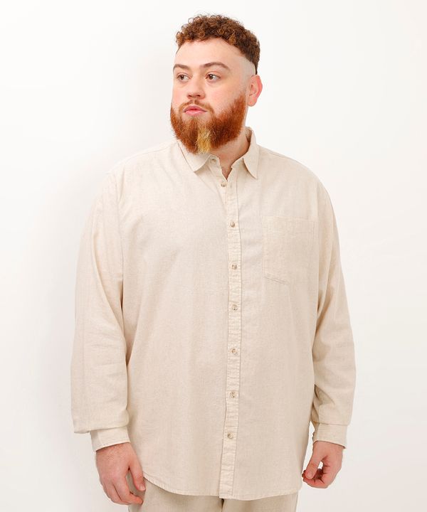 camisa com linho manga longa plus size bege GG3