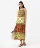 vestido midi alça fina feminino com algodão e fenda estampado verde M