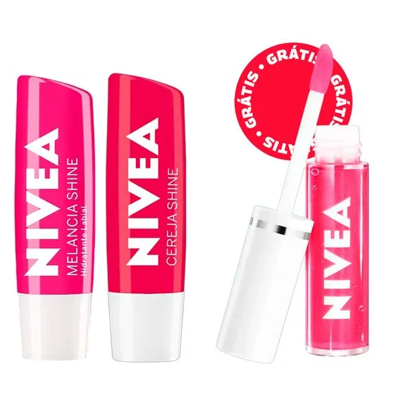 Kit Nivea Hidratante Labial Nivea Lip Oil Pink 5,5ml + Hidratante Labial Cereja Shine 4,8g + Hidratante Labial Melancia Shine 4,8g