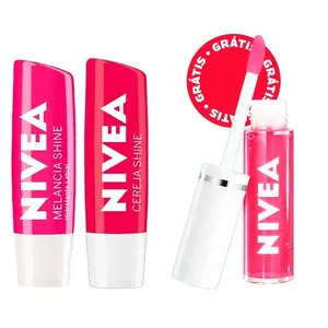 Kit Nivea Hidratante Labial Nivea Lip Oil Pink 5,5ml + Hidratante Labial Cereja Shine 4,8g + Hidratante Labial Melancia Shine 4,8g