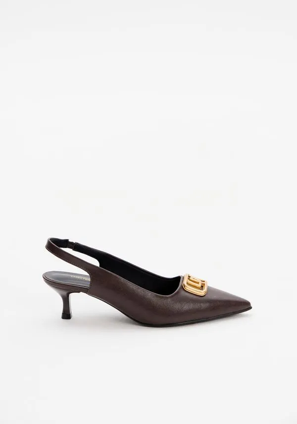 Scarpin Slinback Kitten Heel E Enfeite Marrom 35