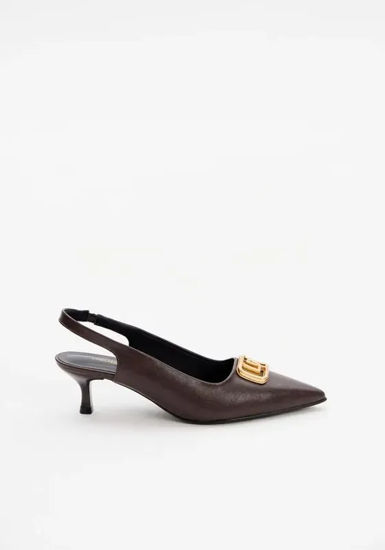 Scarpin Slinback Kitten Heel E Enfeite Marrom 35