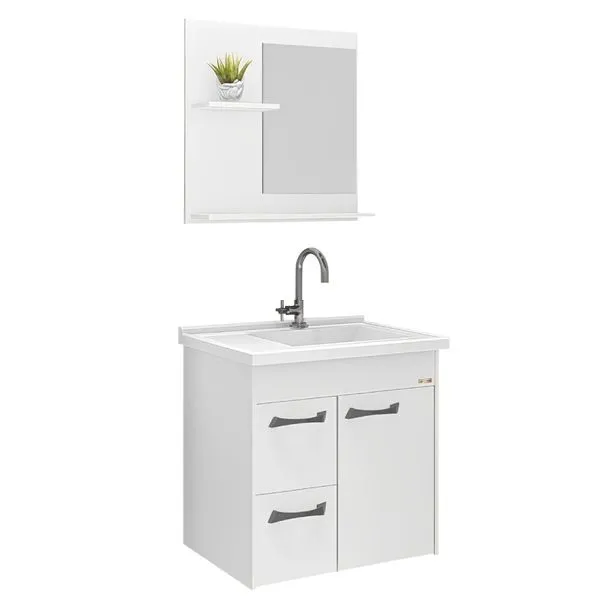 Kit Banheiro Genova Suspens 2 Gavetas + Espelho + Pia 55,4cm Branco - 528602 - A.J.RORATO