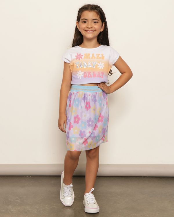 Saia Infantil Sobreposição Tule Estampada Flores Lilás 4