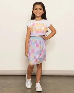 Saia Infantil Sobreposição Tule Estampada Flores Lilás 4