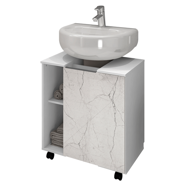 Gabinete para Lavatório, MDP, 1 Porta, 5 Prateleiras 4 Rodízios - Pequin Branco/ Carrara
