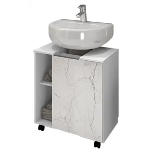 Gabinete para Lavatório, MDP, 1 Porta, 5 Prateleiras 4 Rodízios - Pequin Branco/ Carrara