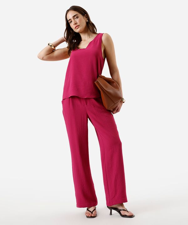 calça wide leg feminina cós elástico texturizada rosa 40