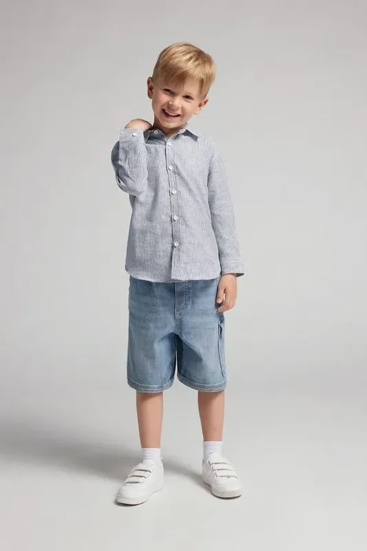 Camisa Em Linho e Algodão Infantil - Azul 6-7