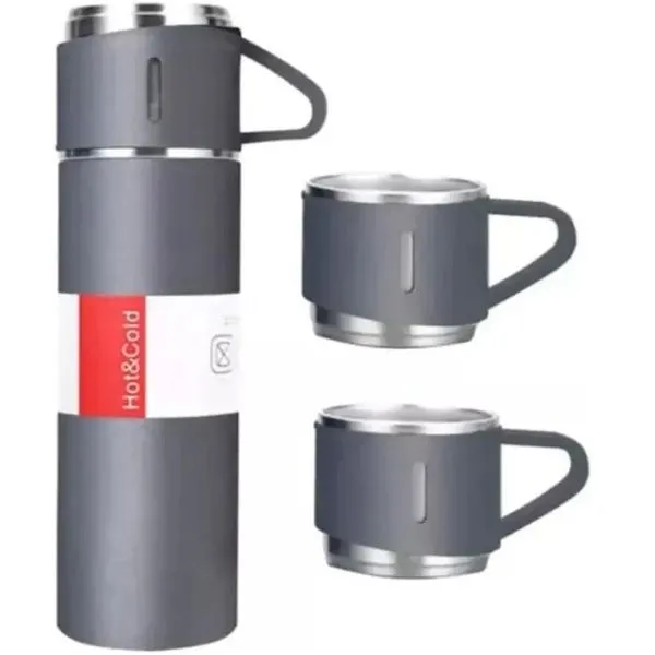 Kit 3 Peças Garrafa e Xícara Anhui Garrafa Térmica 500ml e Duas Xícaras Cinza E-BI