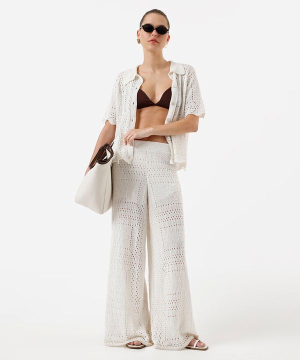 calça pantalona de tricot floral texturizada off white G