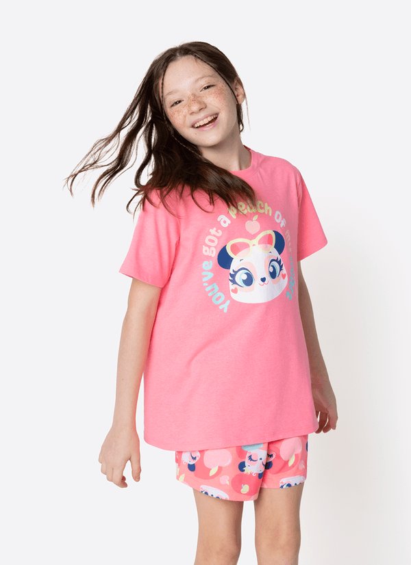 Pijama Manga Curta Menina Teen Panda Romântico 14