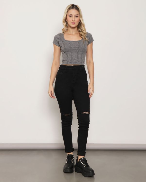 Calça Jeans Feminina Skinny Destroyed Preta 40