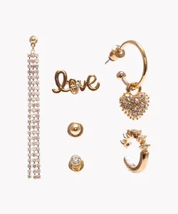 kit de 5 brincos e earcuff com strass dourado Único