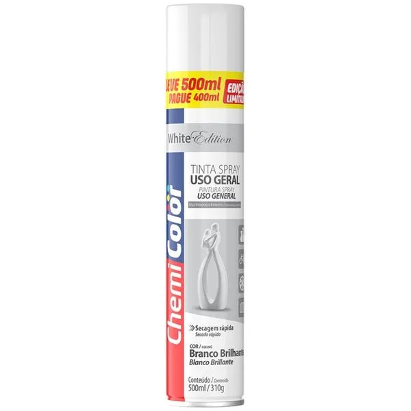Tinta Spray 500ml Uso Geral Branco Brilhante - 0680638 - CHEMICOLOR