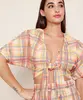 Blusa Feminina Mindset Cropped Estampada Xadrez com Nó Manga Bufante Decote V Multicor PP