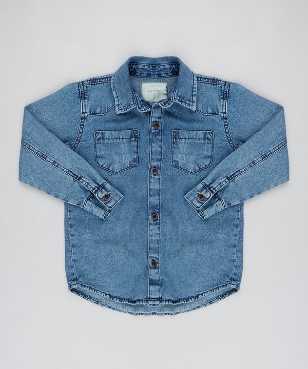 Camisa Jeans Infantil com Bolsos Manga Longa Azul Médio 8