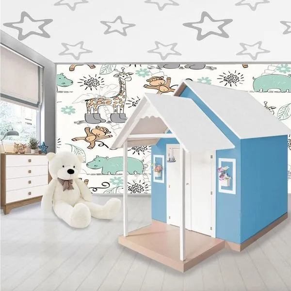 Casinha de Brinquedo Infantil em MDF L12 com Telhado Branco-azul Estrutura 100% MDF Criança Feliz Casinha de Brinquedo MDF L12 com Telhado Branco-azul Estrutura Resistente Criança Feliz
