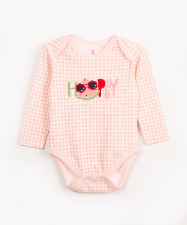 body infantil de algodão manga longa vichy melancia rosa 6-9