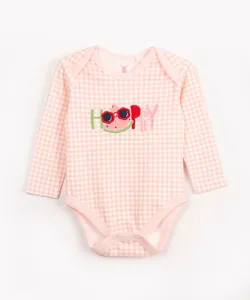body infantil de algodão manga longa vichy melancia rosa 18-24