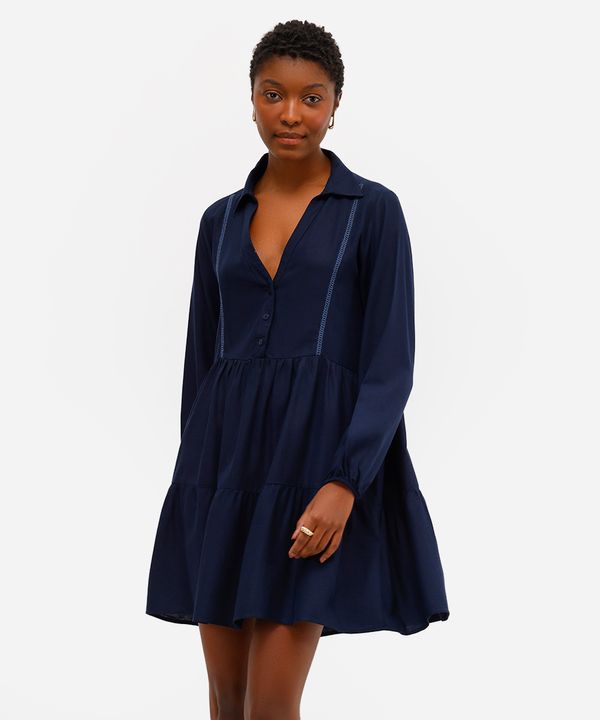 vestido chemise feminino com linho decote v azul M
